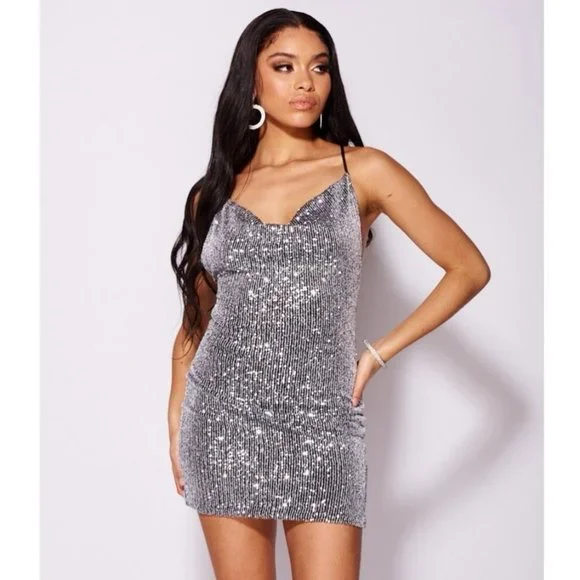 Silver Sequins Sleeveless Cowl Neck Backless Open Back Bodycon Mini Dress - Picture 3 of 11